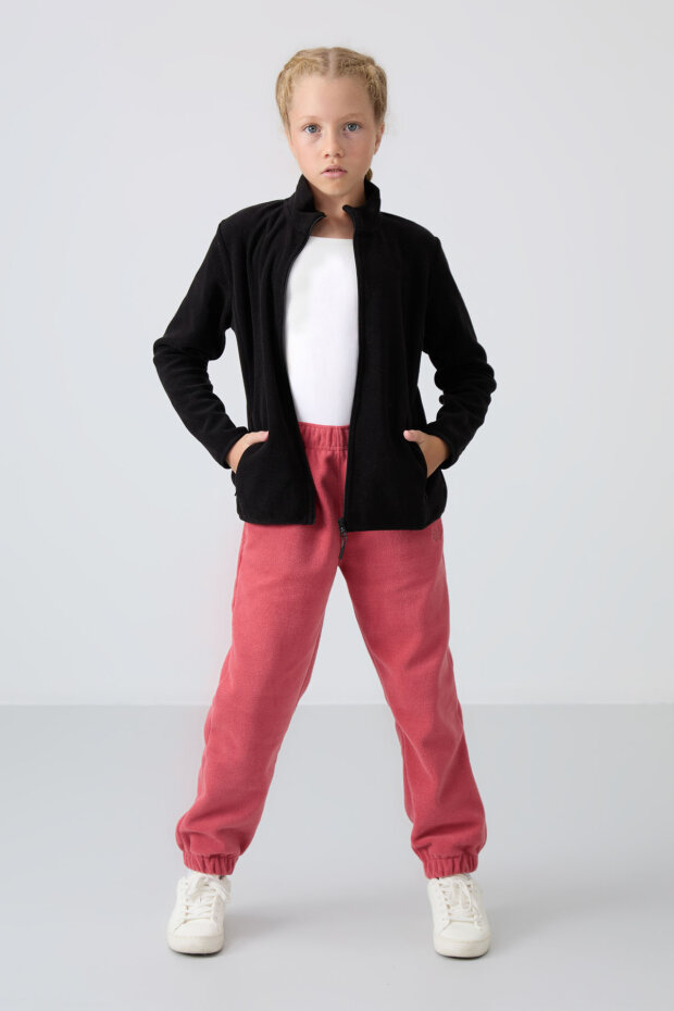 Siyah Kalın Yumuşak Dokulu Standart Fit Nakışlı Polar Kız Çocuk Sweatshirt - 75154 - 1