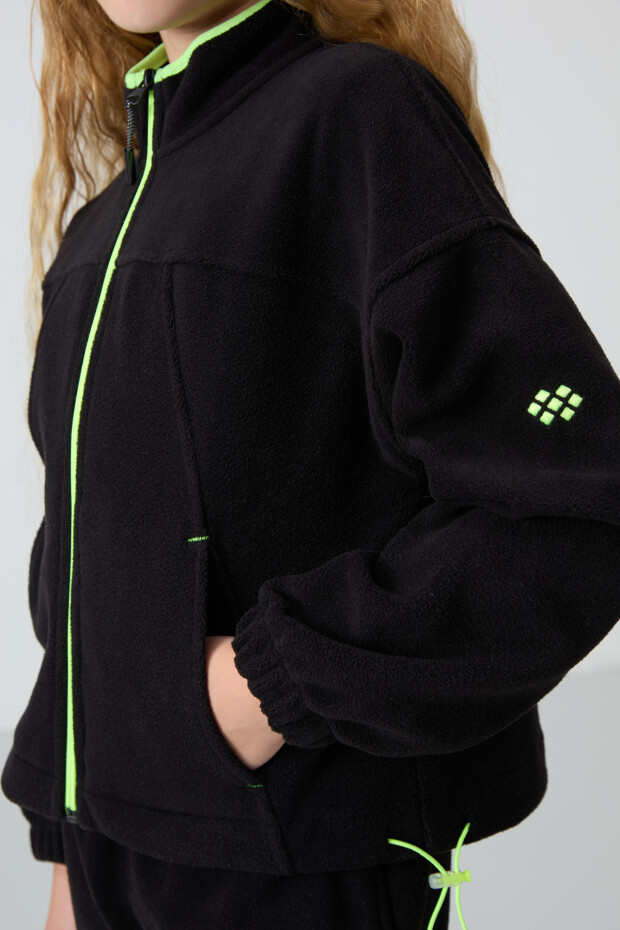 Siyah Kalın Yumuşak Dokulu Standart Fit Nakışlı Polar Kız Çocuk Sweatshirt - 75157 - 2