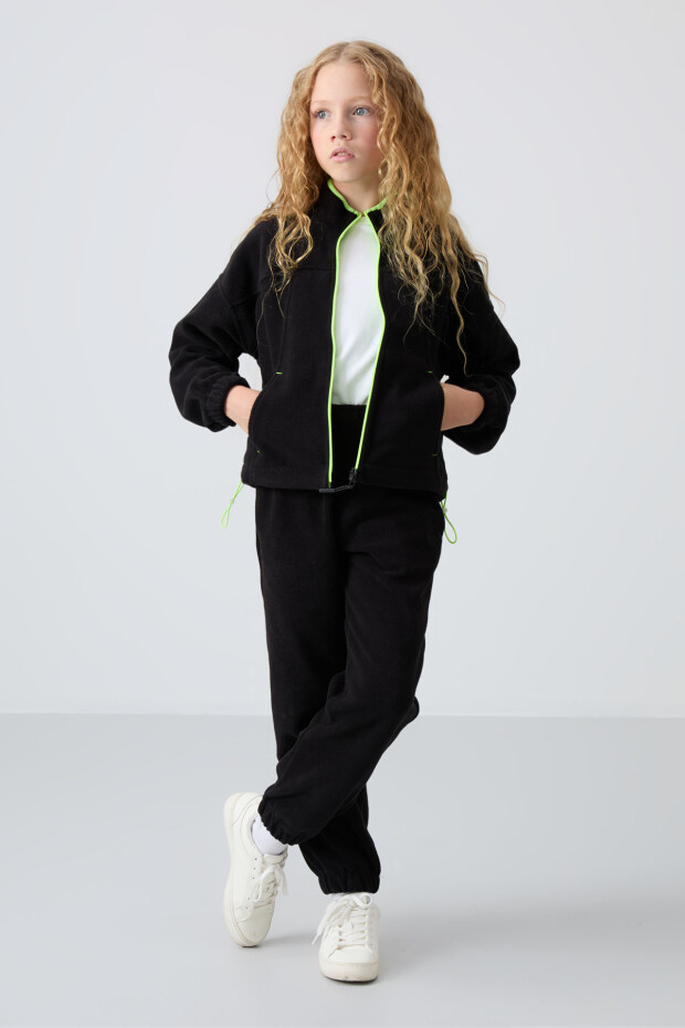 Siyah Kalın Yumuşak Dokulu Standart Fit Nakışlı Polar Kız Çocuk Sweatshirt - 75157 - 3