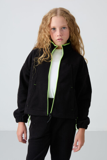 Siyah Kalın Yumuşak Dokulu Standart Fit Nakışlı Polar Kız Çocuk Sweatshirt - 75157 