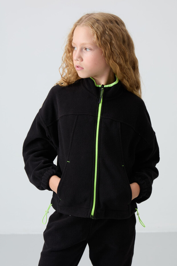 Siyah Kalın Yumuşak Dokulu Standart Fit Nakışlı Polar Kız Çocuk Sweatshirt - 75157 - 4