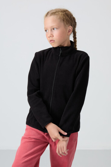 Siyah Kalın Yumuşak Dokulu Standart Fit Nakışlı Polar Kız Çocuk Sweatshirt - 75154 