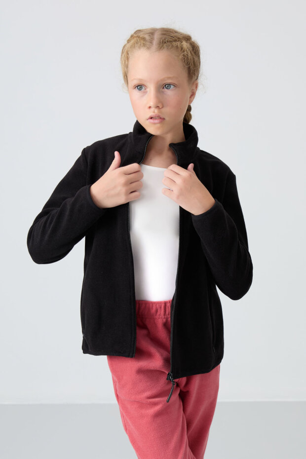 Siyah Kalın Yumuşak Dokulu Standart Fit Nakışlı Polar Kız Çocuk Sweatshirt - 75154 - 3