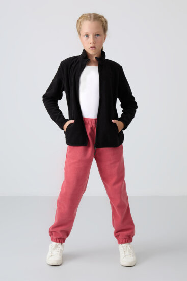 Siyah Kalın Yumuşak Dokulu Standart Fit Nakışlı Polar Kız Çocuk Sweatshirt - 75154 