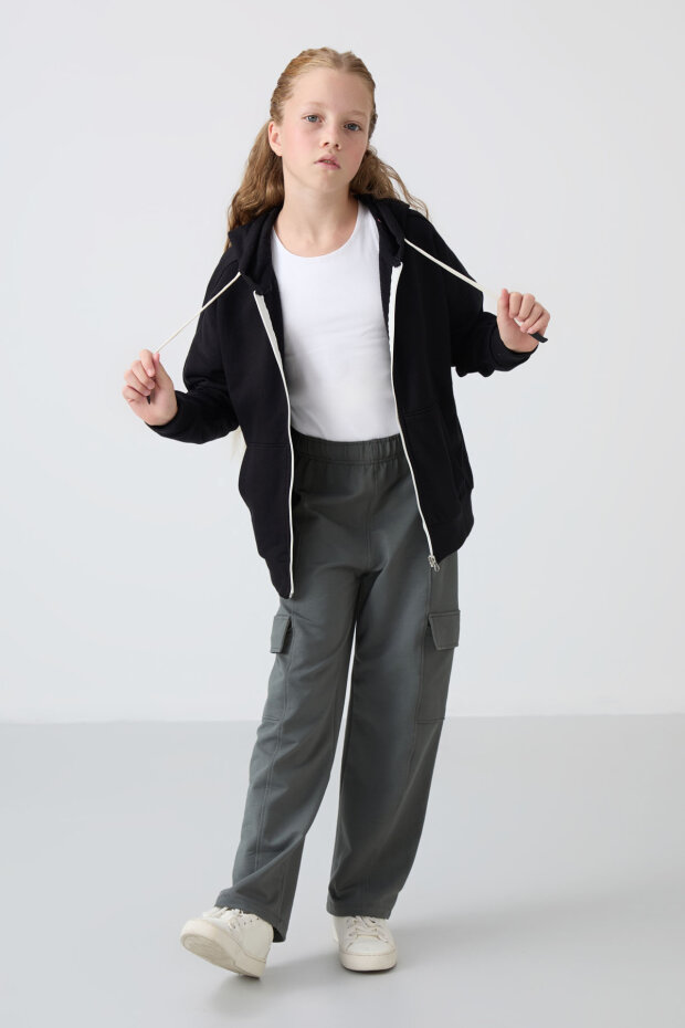 Siyah Pamuklu İçi Tüylü Yumuşak Dokulu Standart Fit Nakışlı Kız Çocuk Sweatshirt - 75149 - 4