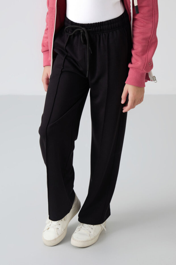 Siyah Cepli Ön Dikiş Detaylı Geniş Paça Kız Çocuk Eşofman Altı -75144 - 5