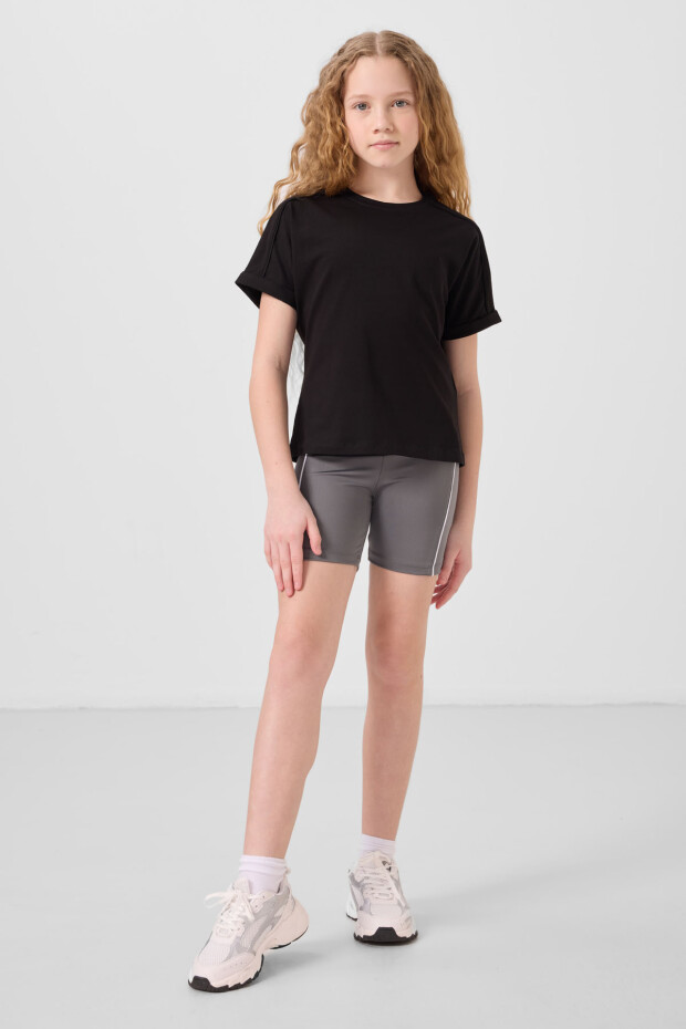 Siyah Pamuklu O Yaka Oversize Fit Basic Kız Çocuk T-Shirt - 75182