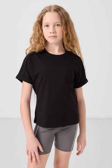 Siyah Pamuklu O Yaka Oversize Fit Basic Kız Çocuk T-Shirt - 75182 - Thumbnail
