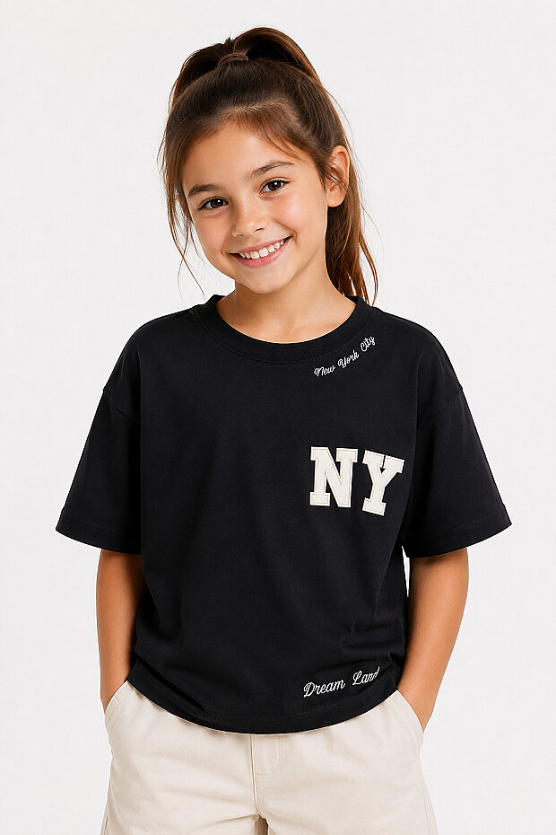 Siyah Oversize Kısa Kollu Baskılı Kız Çocuk T-Shirt - 75174 - 1