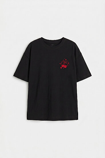 Siyah Oversize Kısa Kollu Baskılı Kız Çocuk T-Shirt - 75176 