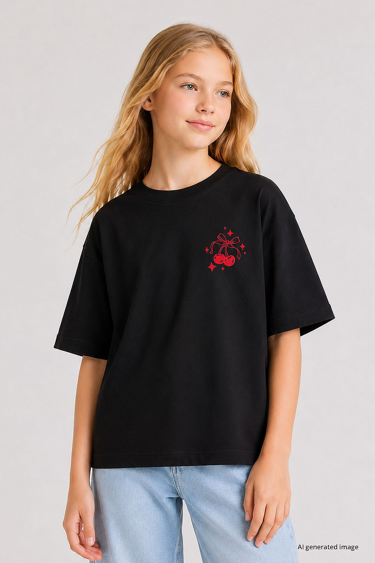 Siyah Oversize Kısa Kollu Baskılı Kız Çocuk T-Shirt - 75176 - TOMMYLIFE (1)