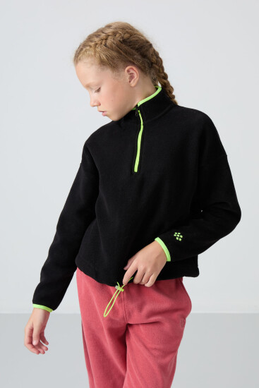Siyah Kalın Yumuşak Dokulu Standart Fit Nakışlı Polar Kız Çocuk Sweatshirt - 75151 