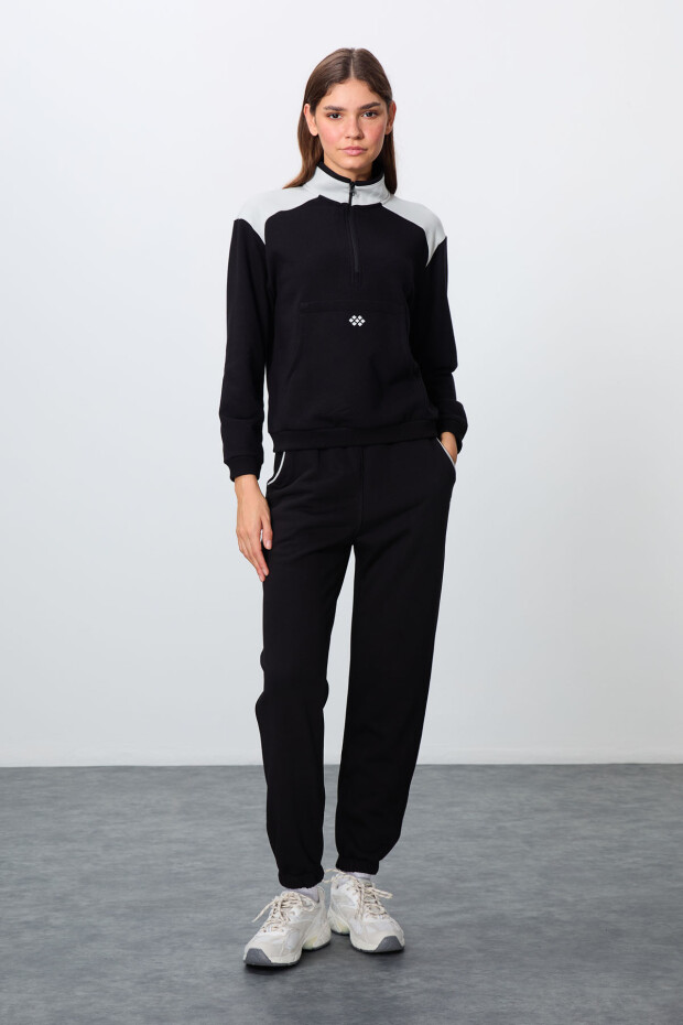 Siyah Kompakt Pamuklu Kalın Pürüzsüz Dokulu Dik Yaka Oversize Fit Kadın Eşofman Takım - 95342 - 5