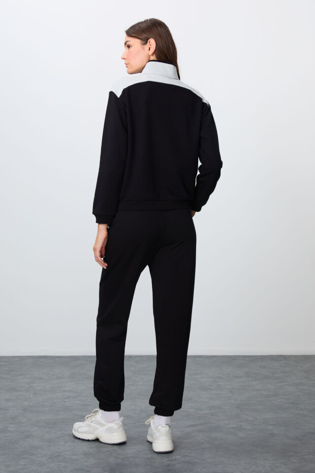 Siyah Kompakt Pamuklu Kalın Pürüzsüz Dokulu Dik Yaka Oversize Fit Kadın Eşofman Takım - 95342 - 7