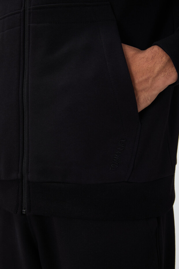Siyah Kompakt Pamuklu Kalın Pürüzsüz Dokulu Kapüşonlu Comfort Fit Erkek Eşofman Takım - 85262 - 6