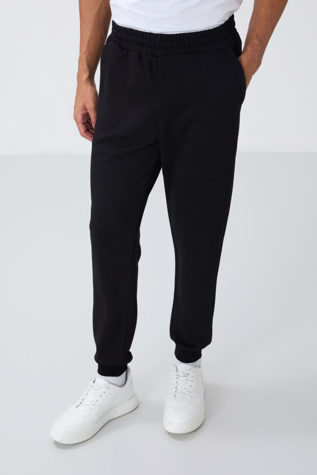 Siyah Kompakt Pamuklu Kalın Pürüzsüz Dokulu Kapüşonlu Comfort Fit Erkek Eşofman Takım - 85262 - 3