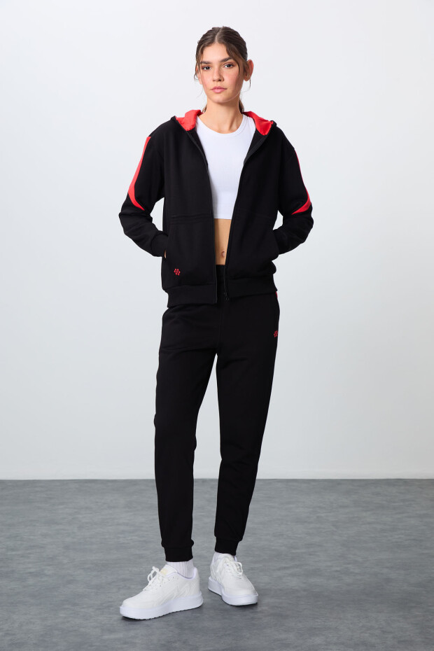 Siyah Kompakt Pamuklu Kalın Pürüzsüz Dokulu Kapüşonlu Oversize Fit Kadın Eşofman Takım - 95343 - 4