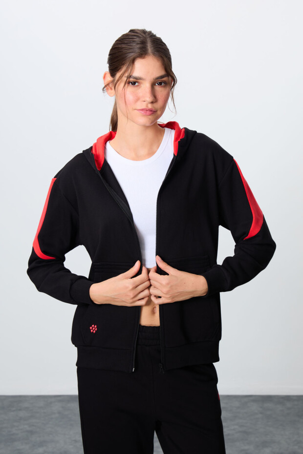 Siyah Kompakt Pamuklu Kalın Pürüzsüz Dokulu Kapüşonlu Oversize Fit Kadın Eşofman Takım - 95343 - 5