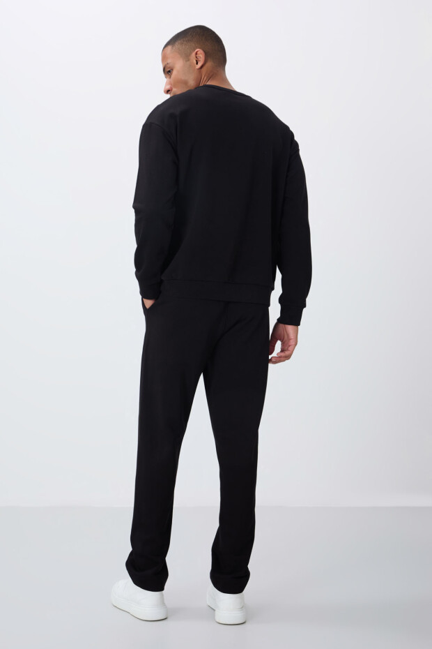 Siyah Kompakt Pamuklu Kalın Pürüzsüz Dokulu O Yaka Comfort Fit Erkek Eşofman Takım -85263 - 7