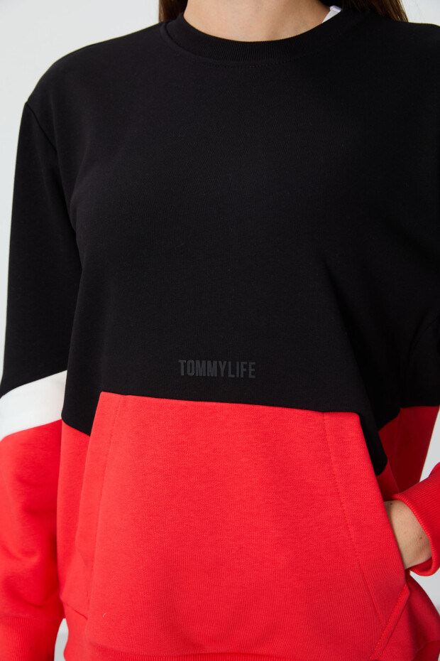 Siyah Kompakt Pamuklu Kalın Pürüzsüz Dokulu O Yaka Oversize Fit Kadın Sweatshirt - 97289 - 3