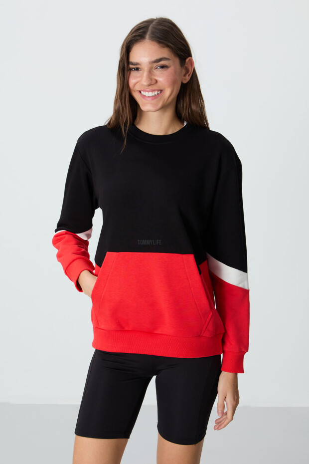 Siyah Kompakt Pamuklu Kalın Pürüzsüz Dokulu O Yaka Oversize Fit Kadın Sweatshirt - 97289 - 4