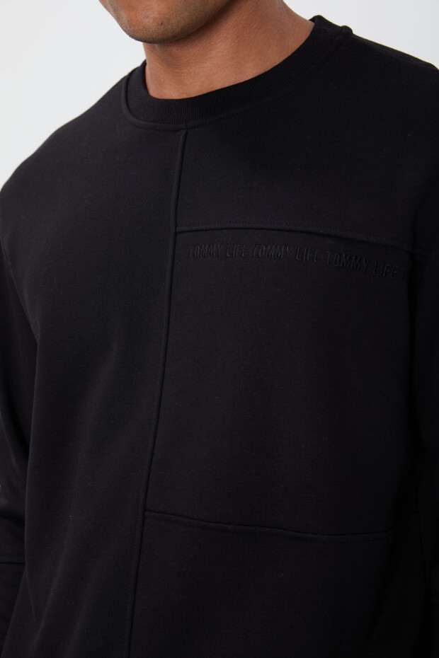 Siyah Kompakt Pamuklu Kalın Pürüzsüz Dokulu O Yaka Standart Fit Erkek Sweatshirt -88405 - 3
