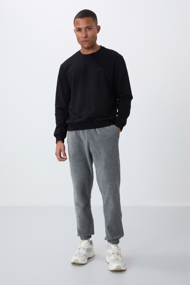 Siyah Kompakt Pamuklu Kalın Pürüzsüz Dokulu O Yaka Standart Fit Erkek Sweatshirt -88405 - 2