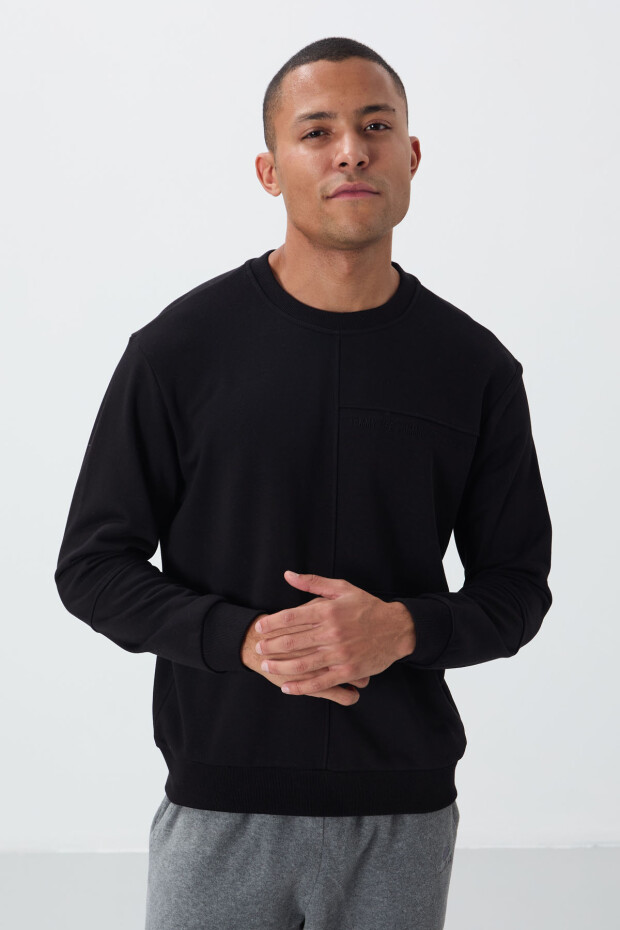 Siyah Kompakt Pamuklu Kalın Pürüzsüz Dokulu O Yaka Standart Fit Erkek Sweatshirt -88405 - 4