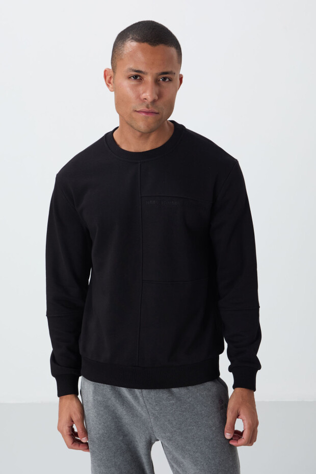Siyah Kompakt Pamuklu Kalın Pürüzsüz Dokulu O Yaka Standart Fit Erkek Sweatshirt -88405 - 1