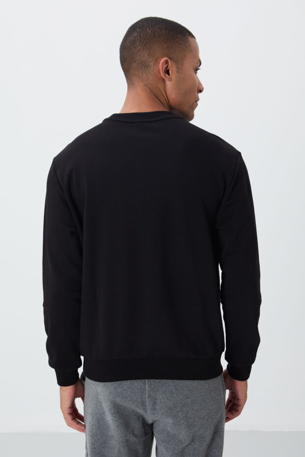 Siyah Kompakt Pamuklu Kalın Pürüzsüz Dokulu O Yaka Standart Fit Erkek Sweatshirt -88405 - 5