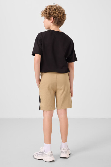 Siyah-Koyu Bej Pamuklu Oversize Fit Dokuma Hafif Esnek Chino Erkek Çocuk Şort Takım - 11275 - Thumbnail