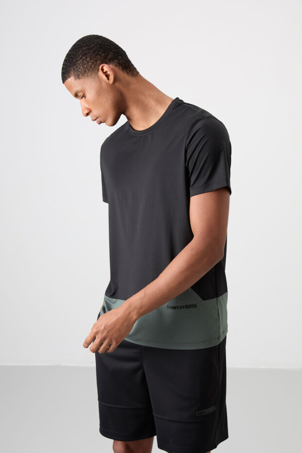 Siyah Nefes Alan Dokulu İnce Esnek Standart Fit Erkek Performans T-Shirt - 88383 - 4