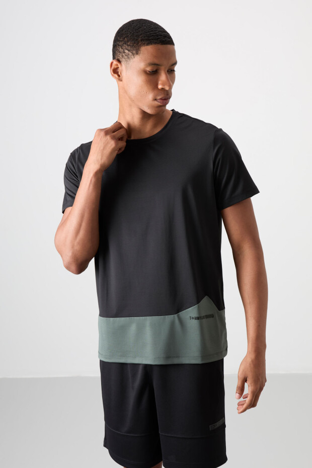 Siyah Nefes Alan Dokulu İnce Esnek Standart Fit Erkek Performans T-Shirt - 88383 - 1