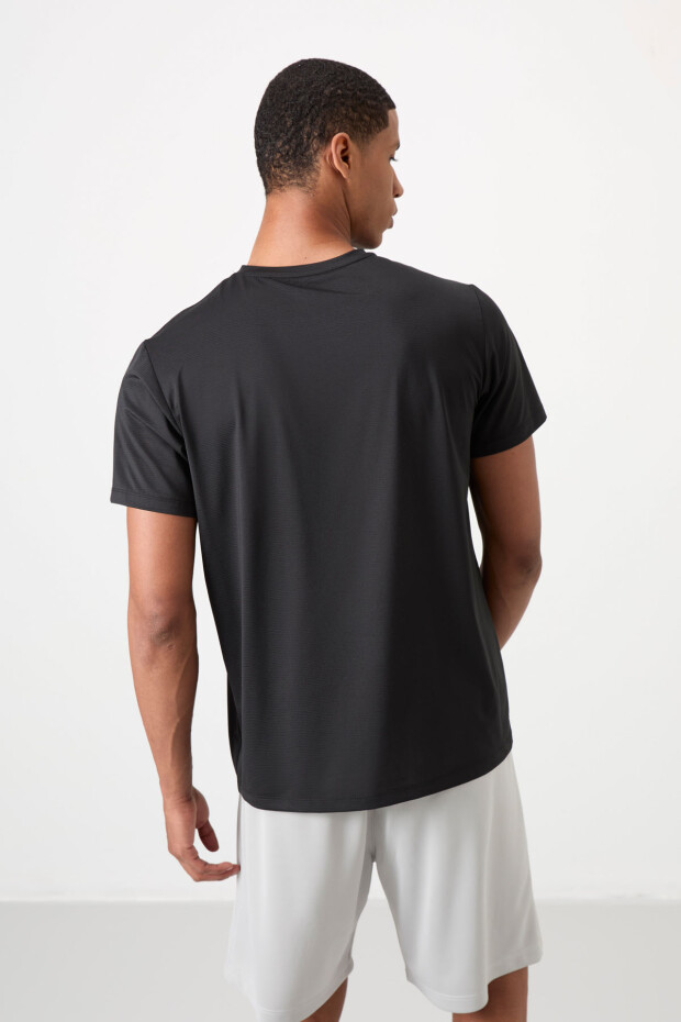 Siyah Nefes Alan Dokulu İnce Esnek Standart Fit Erkek Performans T-Shirt - 88384 - 5