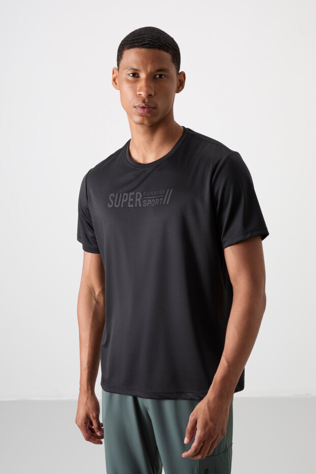 Siyah Nefes Alan Dokulu İnce Esnek Standart Fit Erkek Performans T-Shirt - 88385 - 1