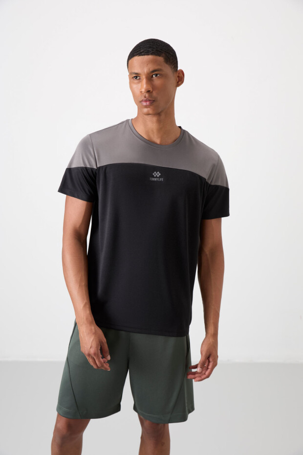 Siyah Nefes Alan Dokulu İnce Esnek Standart Fit Erkek Performans T-Shirt - 88386 - 4