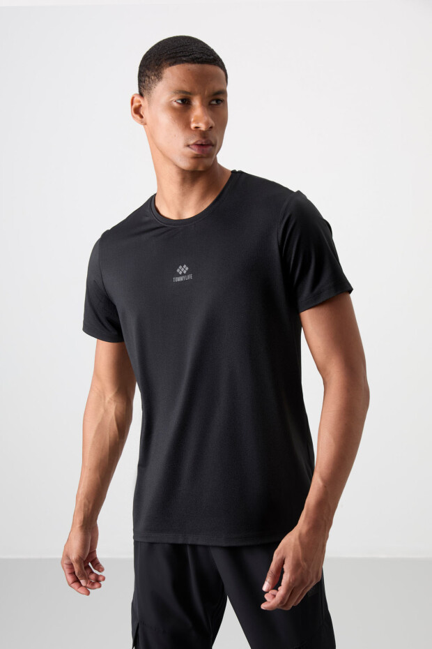 Siyah Nefes Alan Dokulu İnce Esnek Standart Fit Erkek Performans T-Shirt - 88387 - 4