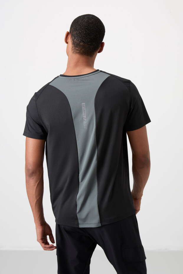 Siyah Nefes Alan Dokulu İnce Esnek Standart Fit Erkek Performans T-Shirt - 88387 - 6