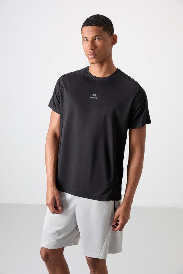 Siyah Nefes Alan Dokulu İnce Esnek Standart Fit Erkek Performans T-Shirt - 88390 - 4