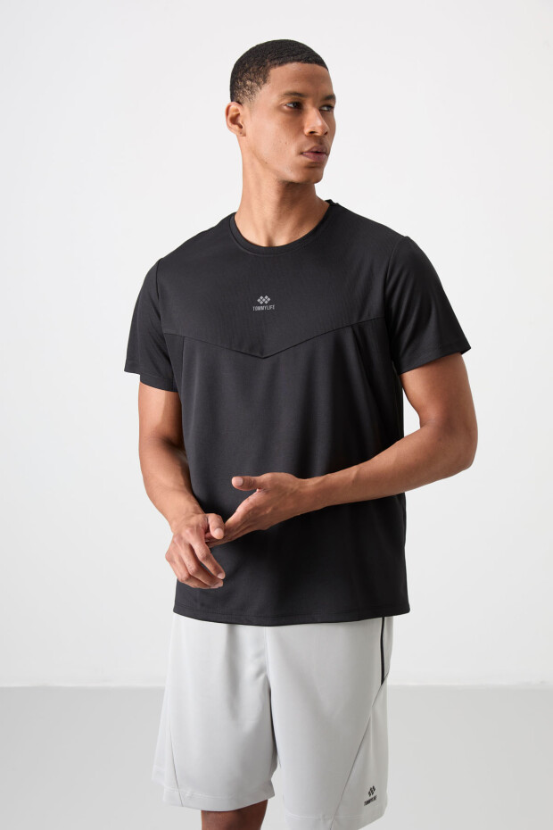 Siyah Nefes Alan Dokulu İnce Esnek Standart Fit Erkek Performans T-Shirt - 88391 - 4