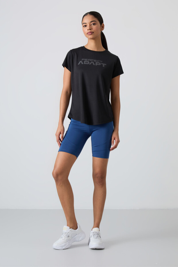 Siyah Nefes Alan Dokulu İnce Esnek Standart Fit Performans Kadın T-Shirt - 97283 - 2