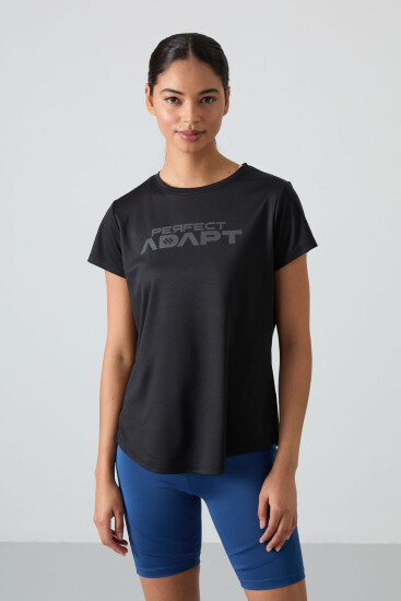 Siyah Nefes Alan Dokulu İnce Esnek Standart Fit Performans Kadın T-Shirt - 97283 