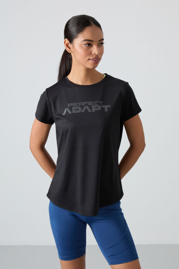 Siyah Nefes Alan Dokulu İnce Esnek Standart Fit Performans Kadın T-Shirt - 97283 - 4
