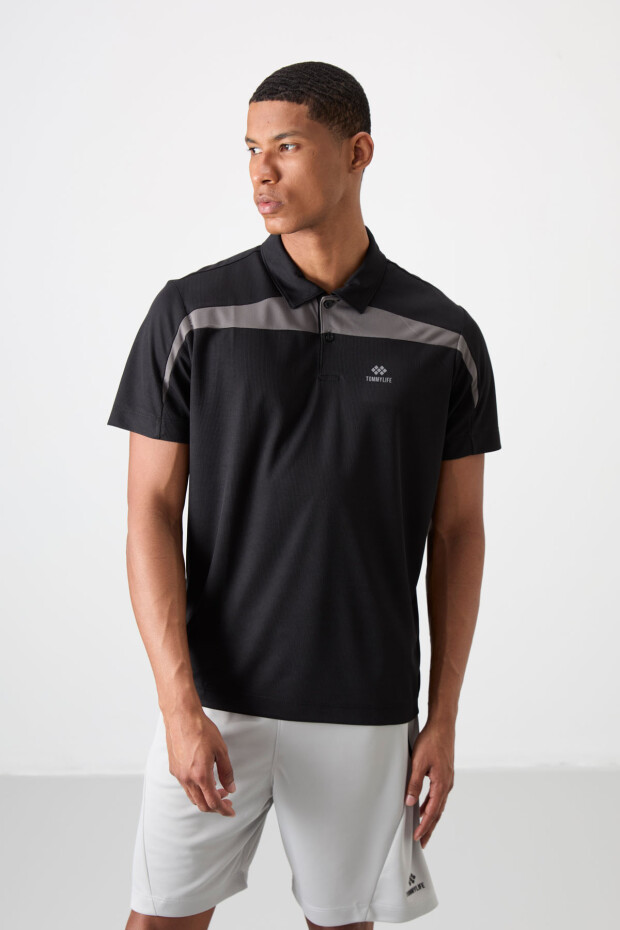 Siyah Nefes Alan Dokulu İnce Esnek Standart Fit Polo Yaka Erkek Performans T-Shirt - 88392 - 4