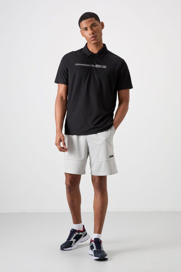Siyah Nefes Alan Dokulu İnce Esnek Standart Fit Polo Yaka Erkek Performans T-Shirt - 88393 - 4