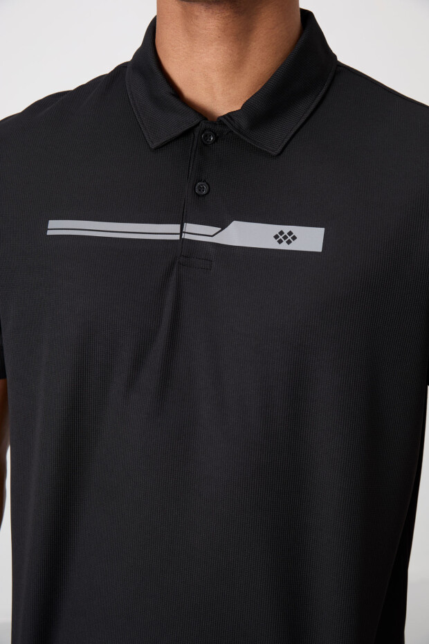 Siyah Nefes Alan Dokulu İnce Esnek Standart Fit Polo Yaka Erkek Performans T-Shirt - 88393 - 5