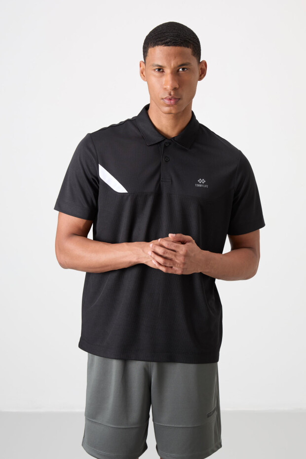 Siyah Nefes Alan Dokulu İnce Esnek Standart Fit Polo Yaka Erkek Performans T-Shirt - 88402 - 4