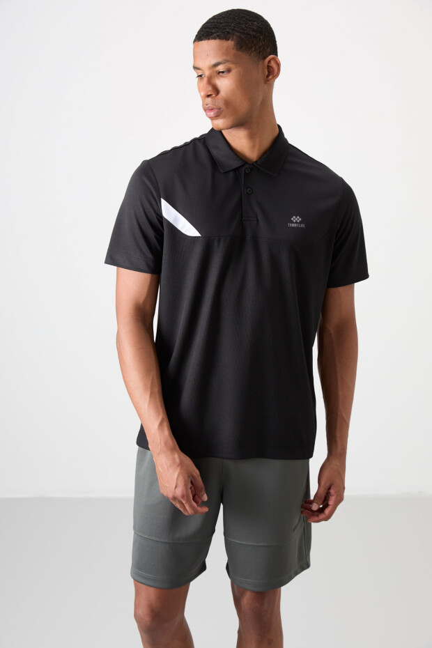 Siyah Nefes Alan Dokulu İnce Esnek Standart Fit Polo Yaka Erkek Performans T-Shirt - 88402 - 1
