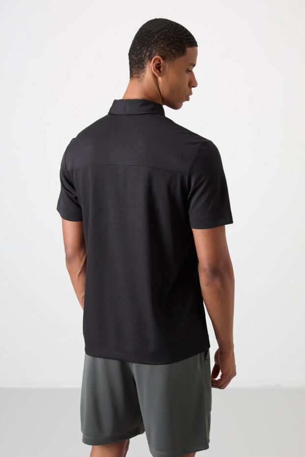 Siyah Nefes Alan Dokulu İnce Esnek Standart Fit Polo Yaka Erkek Performans T-Shirt - 88402 - 5
