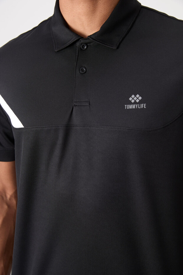 Siyah Nefes Alan Dokulu İnce Esnek Standart Fit Polo Yaka Erkek Performans T-Shirt - 88402 - 3